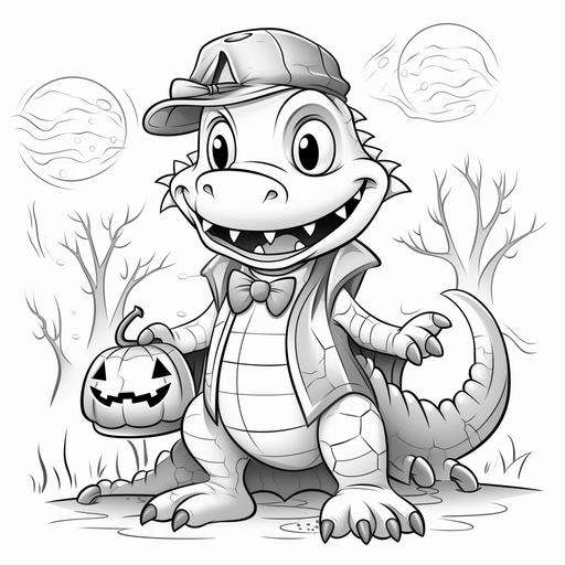 coloring pages for kids, crocodile in halloween costume, cartoon style, thick lines, low detail, black and white, no shading