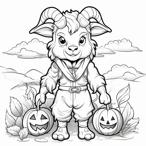 coloring pages for kids, goat in halloween costume, cartoon style, thick lines, low detail, black and white, no shading