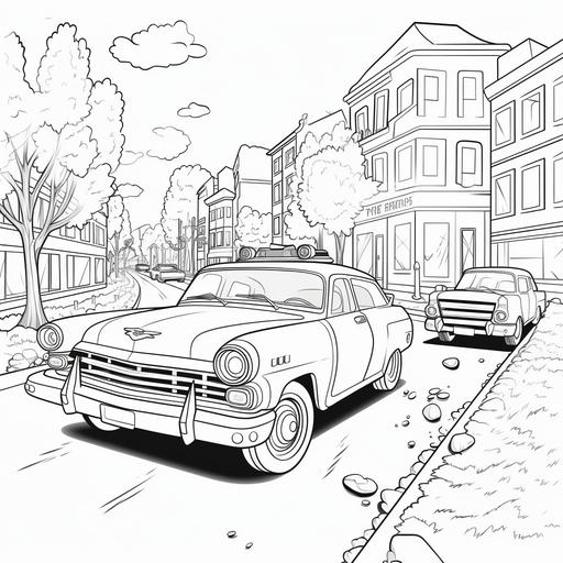 coloring pages for kids, police cars crash the baricade, cartoon style, thick lines, low detail, black and white, plain white background, no shading, ar-- 85:110