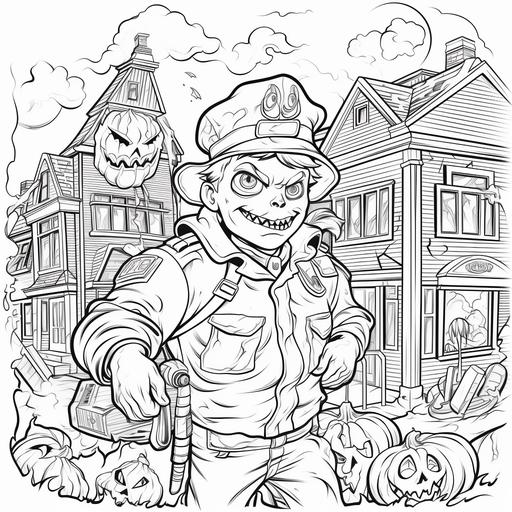 coloring pages, halloween theme, scary, ghost hunter, cartoon style, thick lines, low detail, black and white, plain white background, no shading, ar-- 85:110