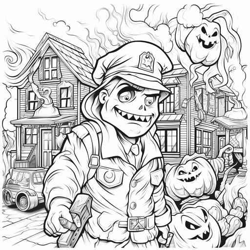 coloring pages, halloween theme, scary, ghost hunter, cartoon style, thick lines, low detail, black and white, plain white background, no shading, ar-- 85:110
