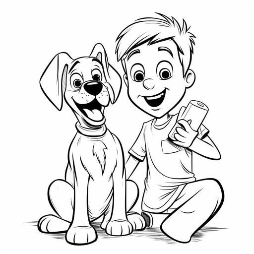 kids coloring book, dog taking selfie, plain white background, simple vector art, black and white, no shading, ar--85:110