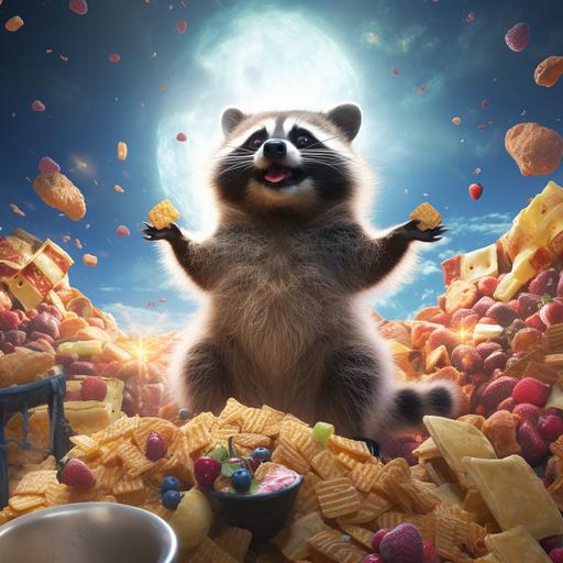 Happy racoon in snack heaven, a heaven full of snacks