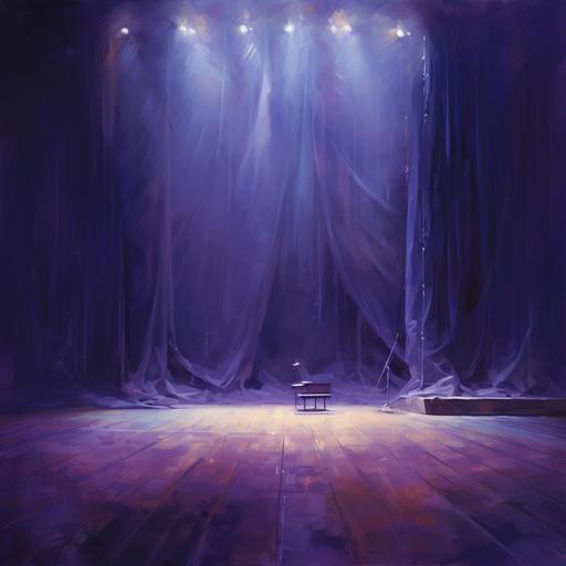 An atmospheric and evocative oil painting capturing an empty performance stage, the long curtain drawn, and a microphone stand laying on its side in the foreground. The background showcases empty risers for a choir, enveloped in a hazy purple filter, creating a dreamlike ambiance. The painting exudes a sense of anticipation and serenity, with an emphasis on the interplay of light and shadow. Impressionistic brushstrokes and soft edges enhance the ethereal atmosphere. The portrait is dark, sullen and frightening.