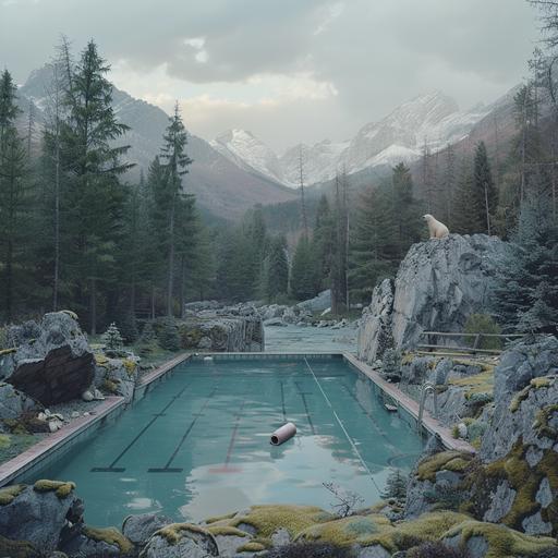 cinematic still of an olympic swimming pool in the middle of a pine forest. There is a solitary toy boat floating in the swimming pool. There is a beautiful mountainous backdrop behind the pine forest. The sky is grey, moody and cloudy. Around the swimming pool there are rocks and boulders covered in moss, and there is a polar bear to one side of the image.