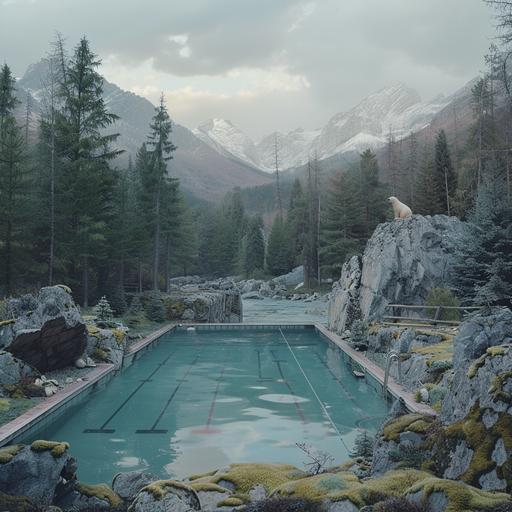 cinematic still of an olympic swimming pool in the middle of a pine forest. There is a solitary toy yacht floating in the swimming pool. There is a beautiful mountainous backdrop behind the pine forest. The sky is grey, moody and cloudy. Around the swimming pool there are rocks and boulders covered in moss, and there is a polar bear to one side of the image. --v 6.0