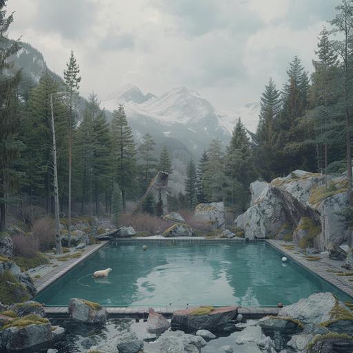 cinematic still of an olympic swimming pool in the middle of a pine forest. There is a solitary toy boat floating in the swimming pool. There is a beautiful mountainous backdrop behind the pine forest. The sky is grey, moody and cloudy. Around the swimming pool there are rocks and boulders covered in moss, and there is a polar bear to one side of the image.