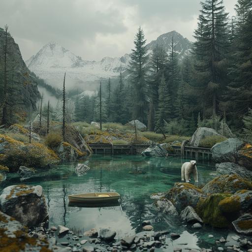 cinematic still of an olympic swimming pool in the middle of a pine forest. There is a solitary toy boat floating in the swimming pool. There is a beautiful mountainous backdrop behind the pine forest. The sky is grey, moody and cloudy. Around the swimming pool there are rocks and boulders covered in moss, and there is a polar bear to one side of the image.