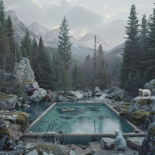 cinematic still of an olympic swimming pool in the middle of a pine forest. There is a solitary toy boat floating in the swimming pool. There is a beautiful mountainous backdrop behind the pine forest. The sky is grey, moody and cloudy. Around the swimming pool there are rocks and boulders covered in moss, and there is a polar bear to one side of the image.