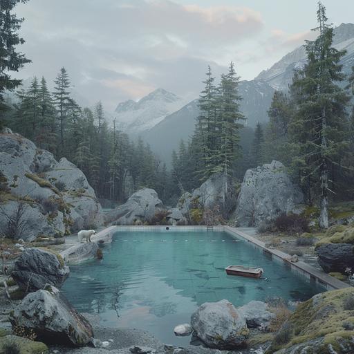 cinematic still of an olympic swimming pool in the middle of a pine forest. There is a solitary toy boat floating in the swimming pool. There is a beautiful mountainous backdrop behind the pine forest. The sky is grey, moody and cloudy. Around the swimming pool there are rocks and boulders covered in moss, and there is a polar bear to one side of the image.