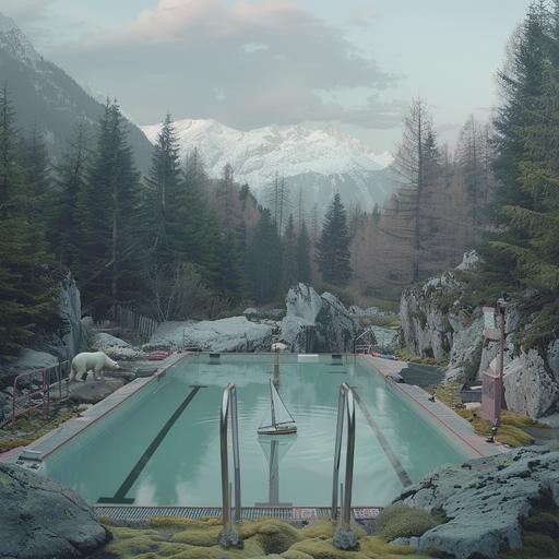 cinematic still of an olympic swimming pool in the middle of a pine forest. There is a solitary toy yacht floating in the swimming pool. There is a beautiful mountainous backdrop behind the pine forest. The sky is grey, moody and cloudy. Around the swimming pool there are rocks and boulders covered in moss, and there is a polar bear to one side of the image. --v 6.0