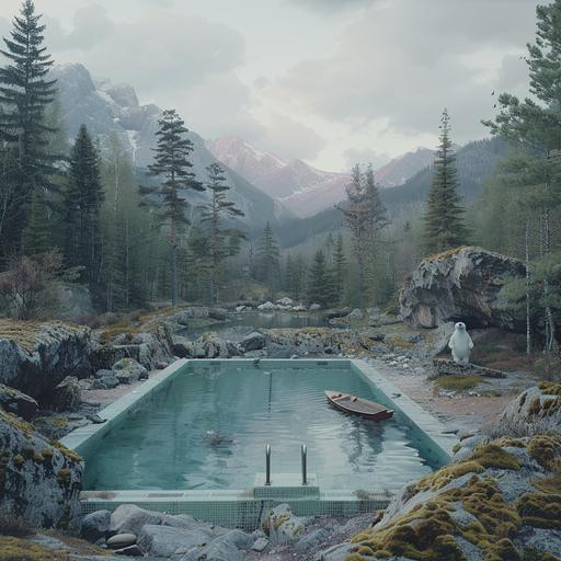 cinematic still of an olympic swimming pool in the middle of a pine forest. There is a solitary toy boat floating in the swimming pool. There is a beautiful mountainous backdrop behind the pine forest. The sky is grey, moody and cloudy. Around the swimming pool there are rocks and boulders covered in moss, and there is a polar bear to one side of the image.