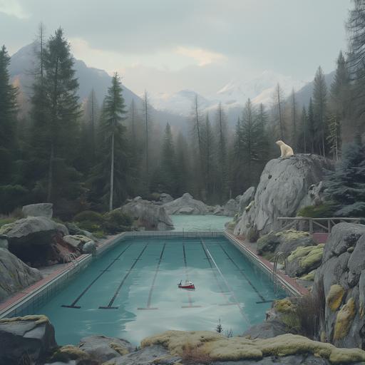 cinematic still of an olympic swimming pool in the middle of a pine forest. There is a solitary toy yacht floating in the swimming pool. There is a beautiful mountainous backdrop behind the pine forest. The sky is grey, moody and cloudy. Around the swimming pool there are rocks and boulders covered in moss, and there is a polar bear to one side of the image. --v 6.0