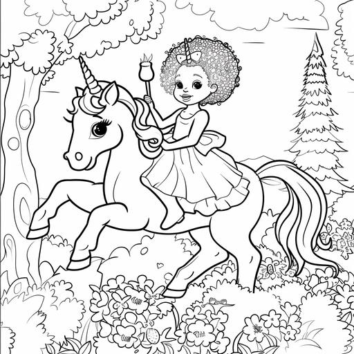 coloring pages for kids, low detail, cartoon style, no shading, thick outline, little black girl riding a unicorn--ar9:11