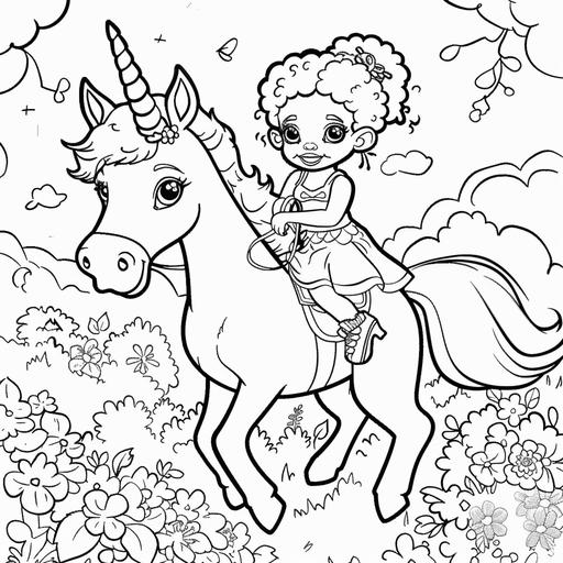 coloring pages for kids, low detail, cartoon style, no shading, thick outline, little black girl riding a unicorn--ar9:11