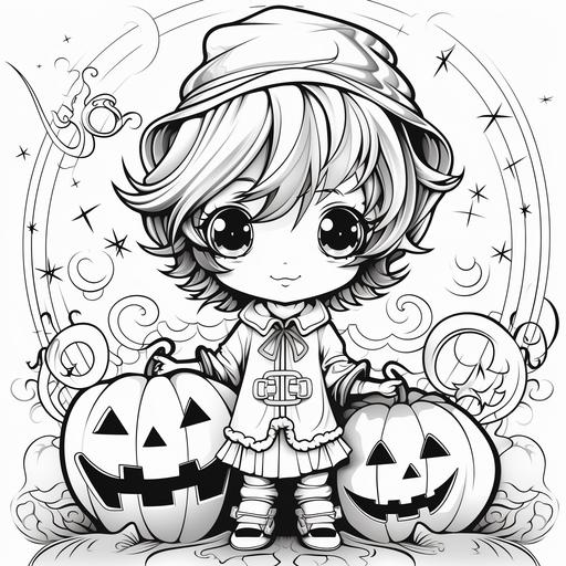 boy pumpkin chibi halloween coloring page black white with background