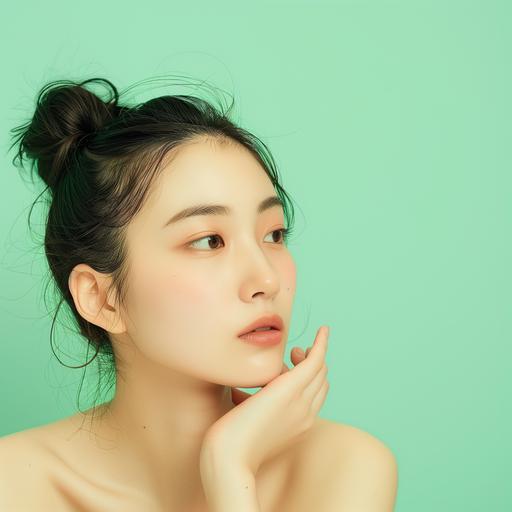beautiful model japanese women with amazing skin, isolated on light green gradient background --v 6.0