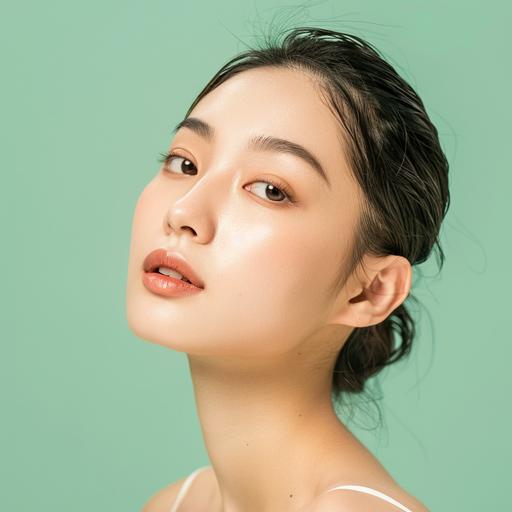 beautiful model japanese women with amazing skin, isolated on light green gradient background --v 6.0
