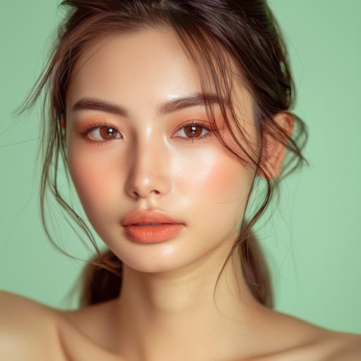 beautiful model japanese women with amazing skin, natural makeup, neat hair, isolated on light green gradient background, looking into camera --v 6.0