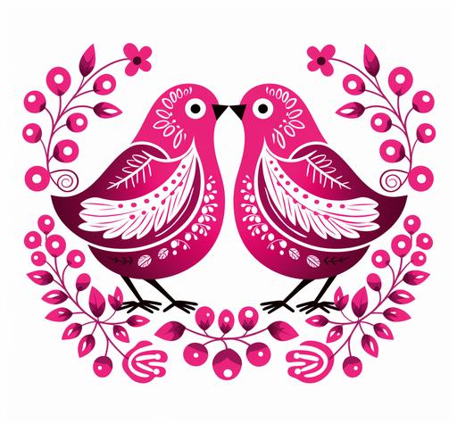 a vector pattern of two birds with hearts and flowers, in the style of folk/naïve:, dark pink and white, #screenshotsaturday, folkloric, tattoo, carving, white background --ar 57:53
