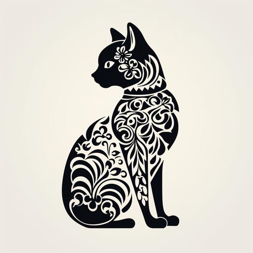 black and white flat ornamental silhouette of cute cat without backround, without transition, no shade, just vector line with sharp edge, the lines should be clean and perfect, vector style, clear sharp features, in tatoo style, bold stencil, wood cut style, a lot of details