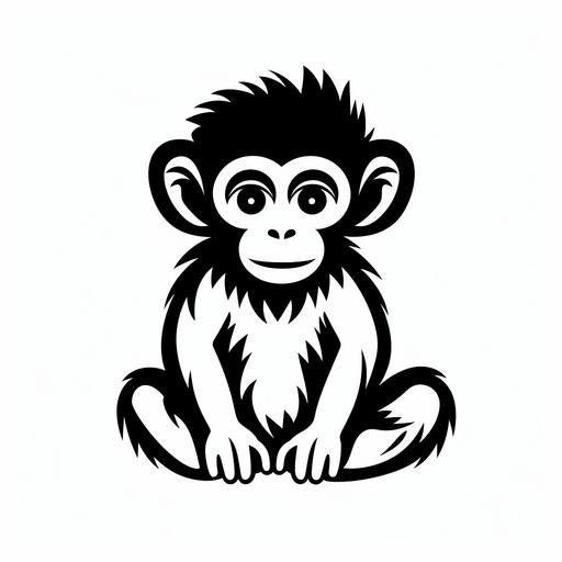 create black and white flat modern silhouette of cute smiling little monkey without backround, whole body, without transition, no shade, just vector line with sharp edge, the lines should be clean and perfect, vector style, clear sharp features, in tatoo style, bold stencil, wood cut style, a lot of details