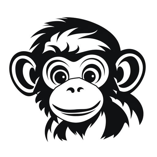 create black and white flat modern silhouette of cute smiling little monkey without backround, without transition, no shade, just vector line with sharp edge, the lines should be clean and perfect, vector style, clear sharp features, in tatoo style, bold stencil, wood cut style, a lot of details