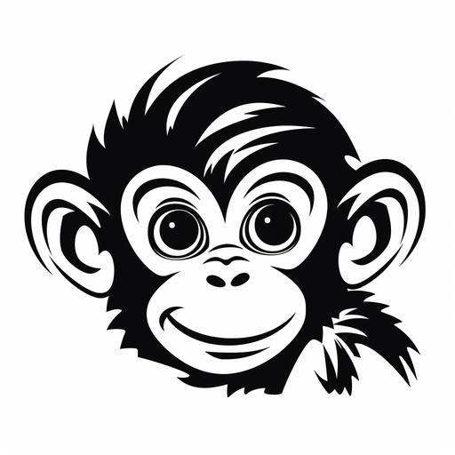 create black and white flat modern silhouette of cute smiling little monkey without backround, without transition, no shade, just vector line with sharp edge, the lines should be clean and perfect, vector style, clear sharp features, in tatoo style, bold stencil, wood cut style, a lot of details