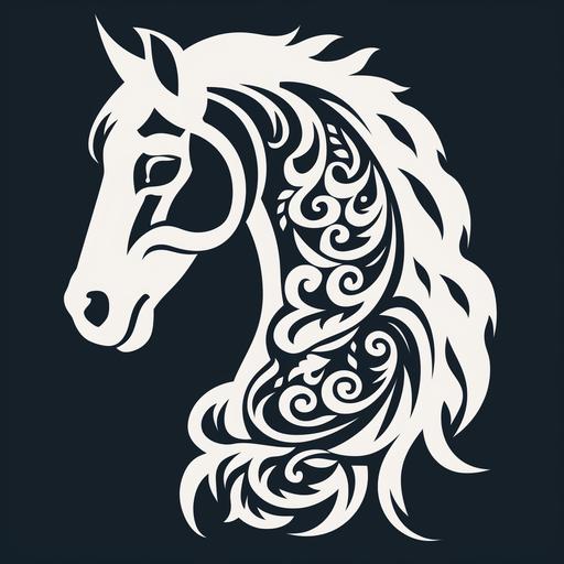 create black and white flat ornament silhouette of horse without backround, without transition, no shade, just vector line with sharp edge, the lines should be clean and perfect, vector style, clear sharp features, in tatoo style, bold stencil, wood cut style, a lot of details