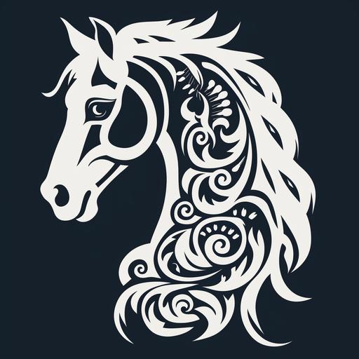 create black and white flat ornament silhouette of horse without backround, without transition, no shade, just vector line with sharp edge, the lines should be clean and perfect, vector style, clear sharp features, in tatoo style, bold stencil, wood cut style, a lot of details