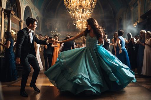 a photograph of teenagers dancing at prom. The couple is a young Middle Eastern couple resembling Aladdin and Princess Jasmine. The room has a Moroccan feel to it. Photo journalism style. --ar 3:2