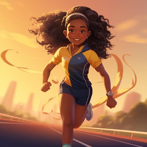 10-year-old black girl full body with natural hair in a ponytail running track and field with long lashes, beautiful brown eyes wearing navy blue track clothes with yellow trim