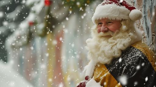 Visualize a magical Christmas scene featuring a distinctly German Santa Claus, characterized by his German facial features and fair complexion, capturing the essence of Germany. Santa is dressed in a unique black and yellow suit, adopting the black and yellow colors of the German flag, offering a striking and unusual look for the festive season. This creates a remarkable contrast against a snowy backdrop, in a scene filled with the festive and enchanting atmosphere of Christmas. Behind Santa Claus, the historic Berlin Wall stands as a significant backdrop, its presence adding a poignant and uniquely German element to the scene. he aim is to capture the joy and wonder of Christmas. This scene should encapsulate the joy and wonder of Christmas, blending traditional holiday imagery with distinct historic Berlin Wall, photorealistic, 8k, natural lighting, high resolution, high detail, shot on IMAX Laser, intricate details, --ar 16:9 --v 6.0