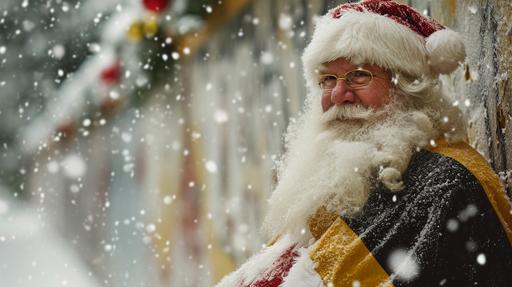 Visualize a magical Christmas scene featuring a distinctly German Santa Claus, characterized by his German facial features and fair complexion, capturing the essence of Germany. Santa is dressed in a unique black and yellow suit, adopting the black and yellow colors of the German flag, offering a striking and unusual look for the festive season. This creates a remarkable contrast against a snowy backdrop, in a scene filled with the festive and enchanting atmosphere of Christmas. Behind Santa Claus, the historic Berlin Wall stands as a significant backdrop, its presence adding a poignant and uniquely German element to the scene. he aim is to capture the joy and wonder of Christmas. This scene should encapsulate the joy and wonder of Christmas, blending traditional holiday imagery with distinct historic Berlin Wall, photorealistic, 8k, natural lighting, high resolution, high detail, shot on IMAX Laser, intricate details, --ar 16:9 --v 6.0