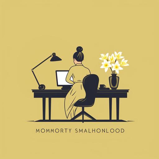Minimalist monocrhome company logo, with a woman, hair in a bun, working at a computer, our view is of her back and computer screen, there is a vase of daffodils on her desk and mini teddy bear