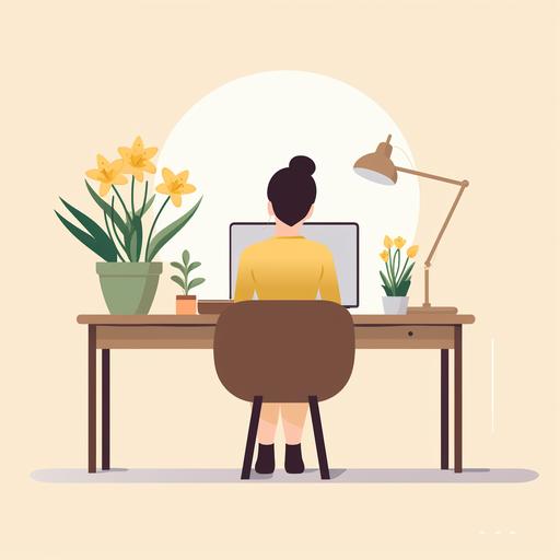Minimalist monocrhome company logo, with a woman, hair in a bun, working at a computer, our view is of her back and computer screen, there is a vase of daffodils on her desk and mini teddy bear