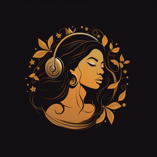 very minimalistic unique modern logo for a music label with a full-faced brown woman from Nepal and India the style of Van Gogh, instrument, cartoon, creative, use brave colors, isolated on background lines of gold with small yellow golden leaves that turn into a woman with flower hair with vivid colors