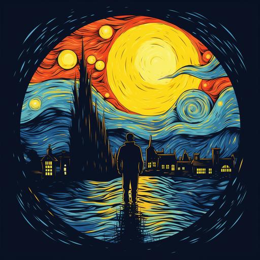 very minimalistic unique modern logo for t-shirt with old fears the style of Van Gogh, cartoon, creative, use brave colors, isolated on background