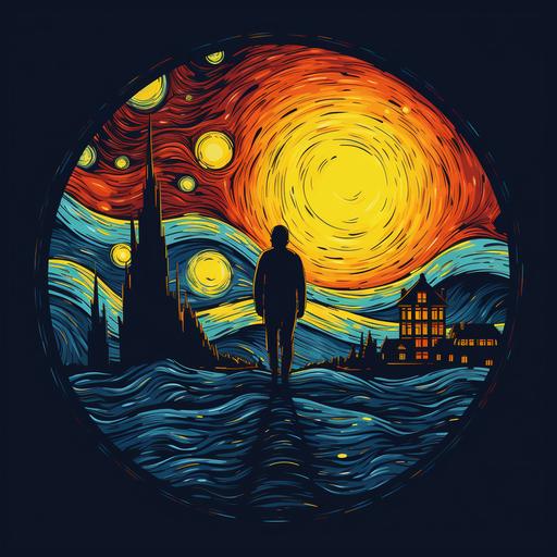very minimalistic unique modern logo for t-shirt with old fears the style of Van Gogh, cartoon, creative, use brave colors, isolated on background