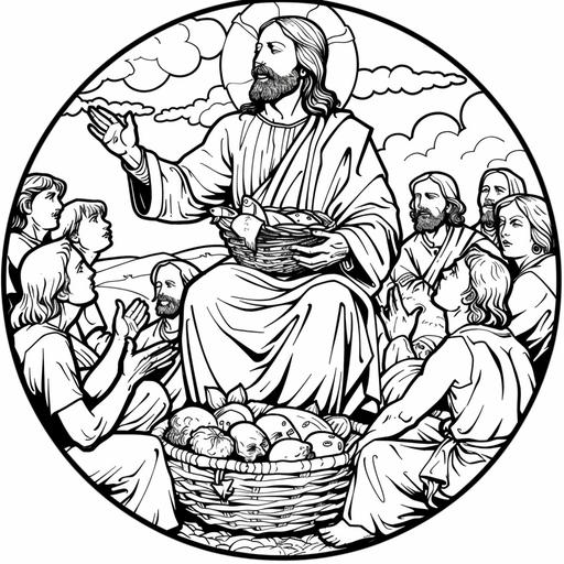 Outline art of Jesus holding a fish and a loaf of bread for a colouring book. both hand are lifted up. Jesus is looking at the clouds. there is a crowd of men, women and children sitting around him. there are alot of baskets in front of the crowd. the basket contains fish and loaves. beautiful scenary. beautiful and calming scenary. black and white. background. sketch style. mandala style. outline. clean and clear. fun and approachable characters for kids. simple and clear. circle Outline image