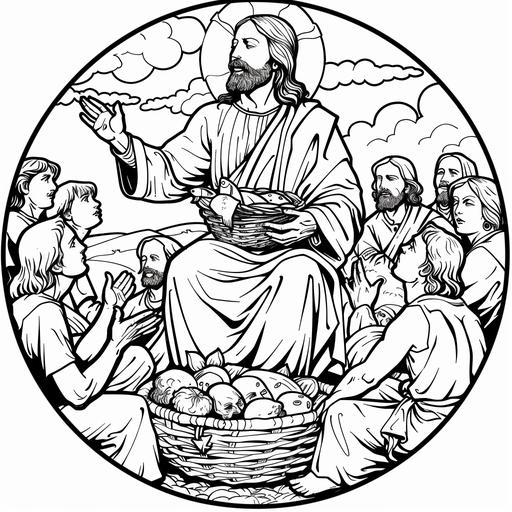 Outline art of Jesus holding a fish and a loaf of bread for a colouring book. both hand are lifted up. Jesus is looking at the clouds. there is a crowd of men, women and children sitting around him. there are alot of baskets in front of the crowd. the basket contains fish and loaves. beautiful scenary. beautiful and calming scenary. black and white. background. sketch style. mandala style. outline. clean and clear. fun and approachable characters for kids. simple and clear. circle Outline image --v 6.0