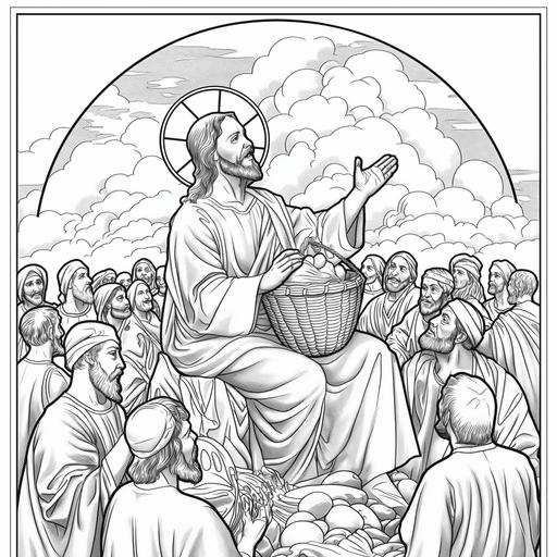 Outline art of Jesus holding a fish in his right hand and a loaf of bread in his left hand for a colouring book. both hand are lifted up. Jesus is looking at the clouds. there is a crowd of men, women and children sitting around him. there are alot of baskets in front of the crowd. the basket contains fish and loaves. beautiful scenary. beautiful and calming scenary. black and white. background. sketch style. mandala style. outline. clean and clear. fun and approachable characters for kids. simple and clear. circle Outline image --v 6.0