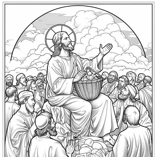 Outline art of Jesus holding a fish in his right hand and a loaf of bread in his left hand for a colouring book. both hand are lifted up. Jesus is looking at the clouds. there is a crowd of men, women and children sitting around him. there are alot of baskets in front of the crowd. the basket contains fish and loaves. beautiful scenary. beautiful and calming scenary. black and white. background. sketch style. mandala style. outline. clean and clear. fun and approachable characters for kids. simple and clear. circle Outline image