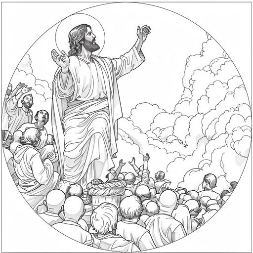 Outline art of Jesus holding a fish in his right hand and a loaf of bread in his left hand for a colouring book. both hand are lifted up. Jesus is looking at the clouds. there is a crowd of men, women and children sitting around him. there are alot of baskets in front of the crowd. the basket contains fish and loaves. beautiful scenary. beautiful and calming scenary. black and white. background. sketch style. mandala style. outline. clean and clear. fun and approachable characters for kids. simple and clear. circle Outline image