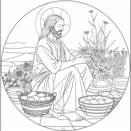 Outline art of Jesus praying in front of alot of baskets containing fishes for a colouring book. Jesus is looking at the baskets. his hands are stretched out. black and white. background. sketch style. mandala style. outline. clean and clear. fun and approachable characters for kids. simple and clear. circle Outline image