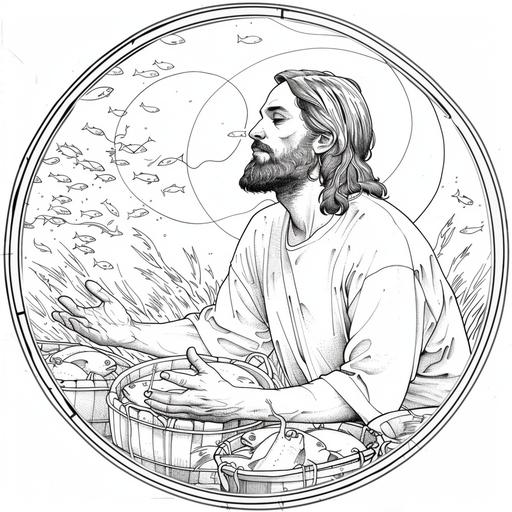 Outline art of Jesus praying in front of alot of baskets containing fishes for a colouring book. Jesus is looking at the baskets. his hands are stretched out. black and white. background. sketch style. mandala style. outline. clean and clear. fun and approachable characters for kids. simple and clear. circle Outline image --v 6.0