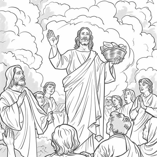line art of Jesus holding a fish in his right hand and a loaf of bread in his left hand for a colouring book. both hand are lifted up. Jesus is looking at the clouds. there is a crowd of men, women and children sitting around him. there are alot of baskets in front of the crowd. the basket contains fish and loaves. beautiful scenary. beautiful and calming scenary. black and white. background. sketch style. mandala style. outline. clean and clear. fun and approachable characters for kids. simple and clear. circle Outline image