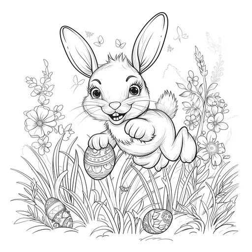 outline art of a baby Easter Bunny hopping through the fiels delivering eggs. design a very cute and approachable easter bunny hopping through the fields delivering eggs. the bunny should look happy and playful. for children ages 2 to 6..simple colouring page black and white , white background , sketch style, only use outline, mandala style, clean and clear, well outlines. keep the eater bunny features basic and friendly. add a friendly expression to it's face. details should be minimalistic for easy colouring. aim for a playfull and inviting character that captures the imagination of young children