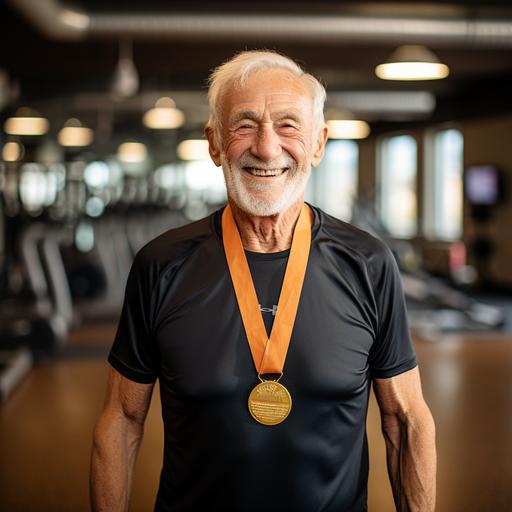 old man smiling wearing gold first place medal on neck, workout clothes