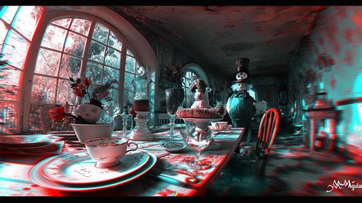 Visualize an encounter from Alice's Adventures in Wonderland by Lewis Carroll, using the photonegative refractograph to create a dream-like quality akin to a Dali painting. Focus on the Mad Hatter's tea party, with a fish-eye lens effect to warp the perspective and saturated colors that make the peculiar characters pop against a surrealist backdrop. Play with high contrast lighting to cast sharp, playful shadows, and frame the scene with an eye for the golden ratio to guide the surreal narrative, signed by 
